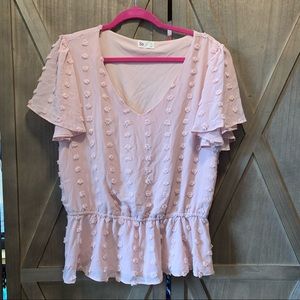Pale Pink Blouse with Gathered Waist and Flutter Sleeves XL